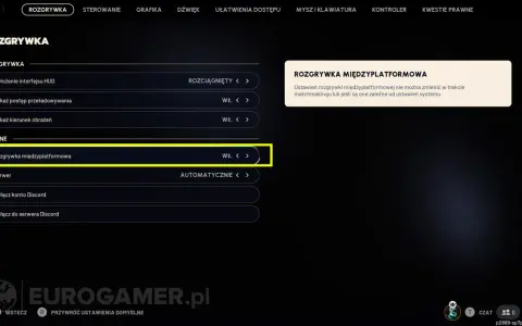 Ustawienia gry, opcja "Rozgrywka międzyplatformowa" włączona. Możliwość gry z graczami na innych platformach.