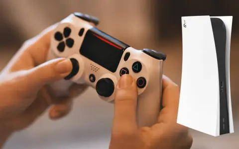 Ręce trzymające biały kontroler DualShock 4, obok konsoli PS5. Dowiedz się, jak podłączyć pada PS4 do PS5.