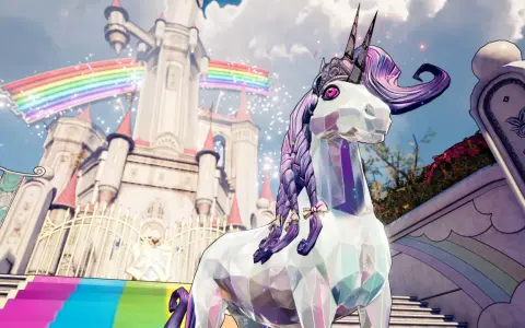 Kryształowy jednorożec przed zamkiem z tęczą. To scena z gry Tiny Tina's Wonderlands, która doczekała się spolszczenia.