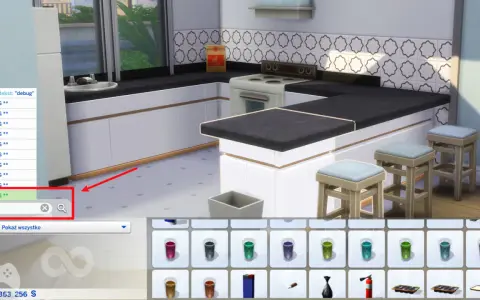 Wpisanie "debug" w wyszukiwarce obiektów w The Sims 4, aby odblokować przedmioty kariery i inne ukryte elementy.