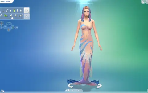 Symulacja Sims 4: Zuzanna Wyspa, piękna syrena z kolorowymi włosami i łuskami, gotowa do zanurzenia się w morskich przygodach.