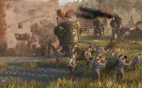 Żołnierze w niebieskich mundurach walczą z mechanicznymi maszynami w scenerii przypominającej "iron harvest".