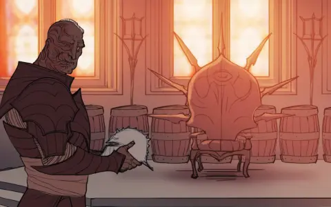 Mroczny wojownik z bliznami na twarzy trzyma hełm. Scena z gry Dragon Age Inkwizycja spolszczenie.