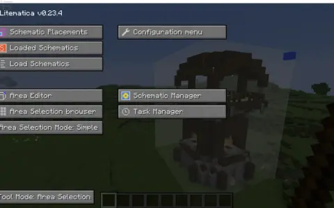 Menu Litematica w Minecraft, pokazujące opcje jak zainstalować mody do Minecrafta, np. Schematic Placements.