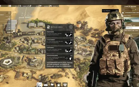 Gracz zarządza bazą wojskową w grze strategicznej, przygotowując się do **desert operations**. Widok obejmuje mapę z budynkami i jednostkami oraz interfejs zarządzania produkcją.