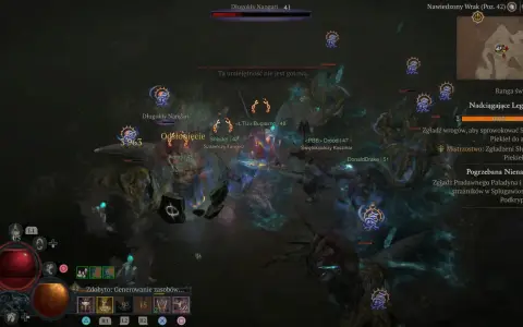 Intensywna walka w Diablo 4. Barbarzyńca z potężnym diablo 4 barbarzyńca build walczy z hordą wrogów, wykorzystując swoje umiejętności.