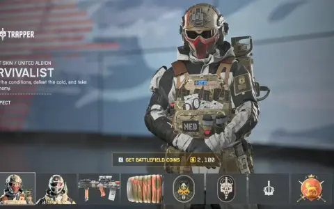 Postać w zimowym kamuflażu z maską, gotowa do walki w grach podobnych do Battlefield.