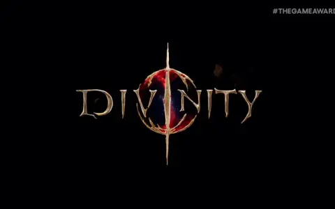 Złoty napis "DIVINITY" z centralnym, krwistoczerwonym symbolem, zapowiadający Divinity 3.