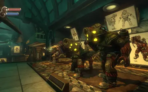 Trzy Big Daddy z Bioshock The Collection w podwodnym mieście Rapture. Na ścianach wiszą szkice postaci.