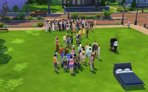 Impreza w The Sims 4 z mod na więcej niż 8 simów. Tłum Simów bawi się na trawniku, grilluje i gra w szachy.