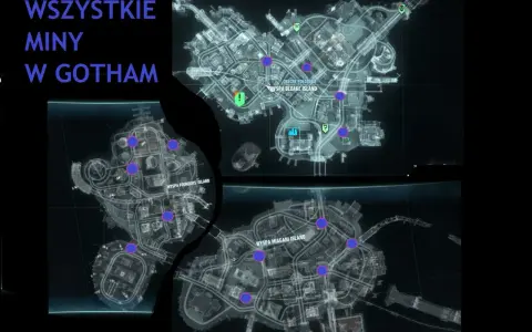 Mapa z zaznaczonymi minami w Gotham. Poradnik Batman Arkham Asylum pomoże Ci je odnaleźć.