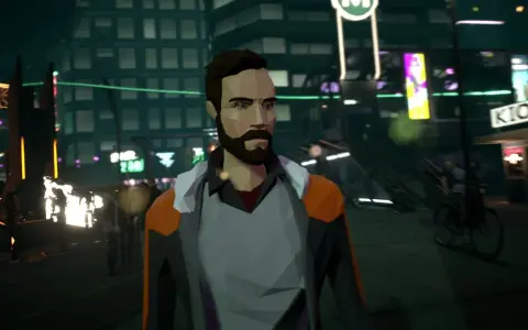 Mężczyzna w futurystycznym mieście, przypominającym gry podobne do Detroit: Become Human. Neonowe światła, tłum i nowoczesna architektura.