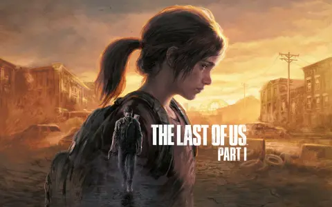 Ellie patrzy w dal, a Joel idzie za nią przez zniszczone miasto. To okładka gry The Last of Us Part I.
