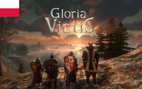Rycerze w zbrojach patrzą na zachód słońca. Nad nimi logo gry Gloria Victis. Polska flaga w lewym górnym rogu.
