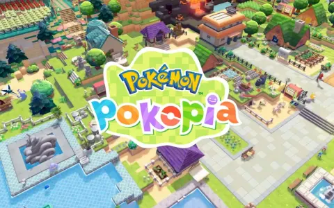 Kolorowa wioska z gry Pokemon na PC. Logo "Pokemon Pokopia" na tle uroczej, stylizowanej grafiki.
