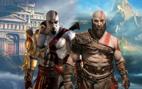 Kratos, bóg wojny, w dwóch odsłonach. Na tle starożytnej budowli i górskiej scenerii.