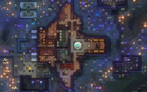 Kolonia w grze podobnej do Rimworld. Koloniści budują bazę wśród świecących grzybów i niebieskich roślin.