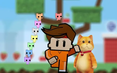 Kolorowe pikselowe stworki i rudy kot towarzyszą postaci z gry, która przypomina gry podobne do Overcooked.
