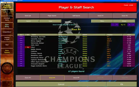 Ekran gry Championship Manager 01/02, lista wyszukanych zawodników z Grecji.