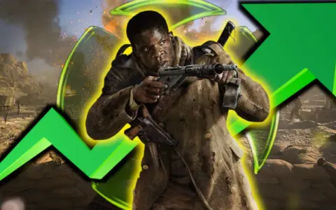 Żołnierz z Call of Duty Vanguard celuje z broni na tle bitwy. Zielona strzałka w górę symbolizuje wzrost popularności gry.