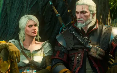 Geralt i Ciri, bohaterowie kultowych **starych gier RPG**, siedzą obok siebie, opierając się o drzewo.