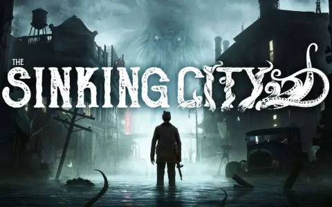 Mroczne miasto, zalane wodą, z przerażającym potworem w tle. Człowiek w kapeluszu stoi pośród ruin, przygotowany na walkę w **the sinking city**.