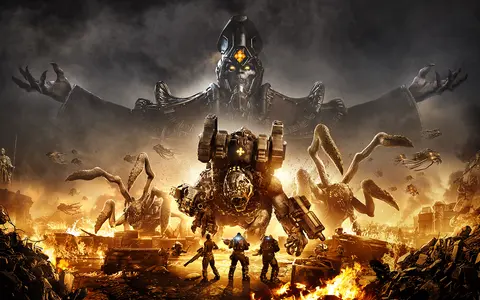 Żołnierze w zniszczonym mieście, przygotowują się do walki z potworami i gigantycznym robotem. W tle czai się złowrogi władca. To gra o przetrwanie i **gears tactics**.