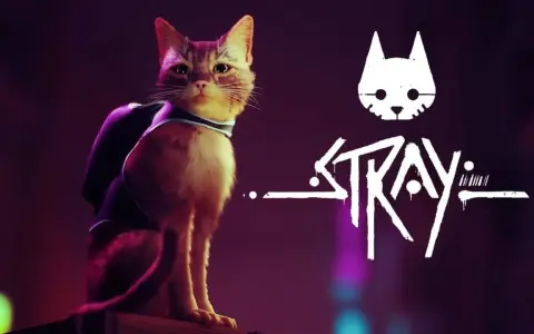 Kot z plecakiem na tle logo gry Stray. Ten kot to bohater gry, która jest dostępna w ramach Game Pass.