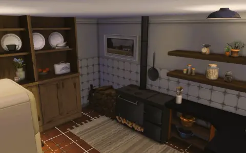 Przytulna kuchnia w stylu rustykalnym, idealna do gry The Sims 4. Drewniane meble, piec kaflowy i domowe dodatki tworzą ciepłą atmosferę.