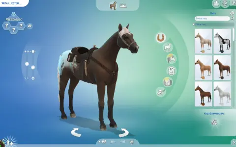 Tworzenie konia w The Sims 4. Widoczny ciemnobrązowy koń z jasną grzywą i plamami na zadzie, w siodle. Po prawej panel wyboru ras koni.