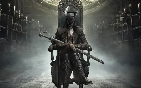 Postać w mrocznym stroju z mieczem siedzi na tronie. W tle świece i ozdobne meble. To kluczowy element bloodborne poradnik.