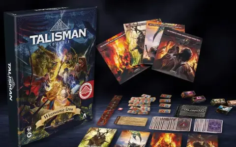 Dodatek do gry komputerowej "Talisman: Sojusze" z kartami, żetonami i pudełkiem.