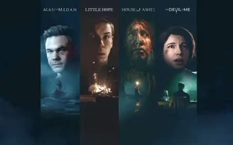 Kolaż z gier: Man of Medan, Little Hope, House of Ashes, The Devil in Me. Idealne dla fanów gier podobnych do Until Dawn, pełnych napięcia i wyborów.