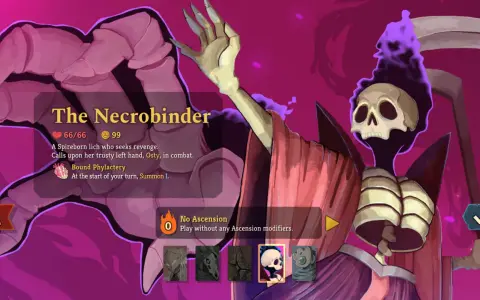 Postać "The Necrobinder" z gry Slay the Spire 2. Lich z kości, z kosą i płonącą czaszką, gotowa do walki.