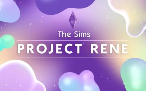 The Sims: Project Rene. Kolorowe, abstrakcyjne kształty na fioletowo-żółtym tle.