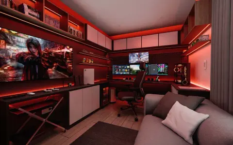 Nowoczesny pokój gracza z czerwonym oświetleniem, wieloma monitorami i konsolą, idealny do grania w gry souls like.