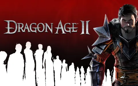 Mroczny wojownik w zbroi, obok niego białe sylwetki ludzi. Tytuł gry Dragon Age II.