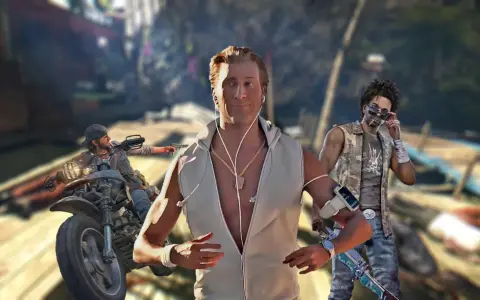Trzech mężczyzn w postapokaliptycznym świecie, jeden na motocyklu, przypominają klimatem gry podobne do Days Gone.