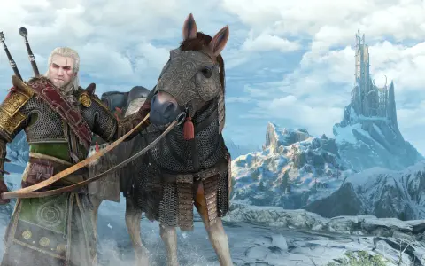Geralt w zbroi, która wygląda jak najlepszy rynsztunek z Wiedźmina 3, na tle zimowego krajobrazu z zamkiem na górze.