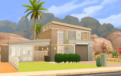 Nowy dom w The Sims 4, z palmami i pustynnym krajobrazem w tle. Idealny, by wykorzystać kod na wszystkie parcele w The Sims 4!