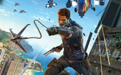 Rico Rodriguez z Just Cause 5 w akcji, z pistoletem i hakiem, na tle tropikalnego miasta i nieba pełnego helikopterów.