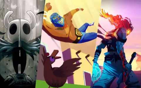 Trzy postacie z gier metroidvania: rycerz z Hollow Knight, zapaśnik z Guacamelee! i bohater z Dead Cells.