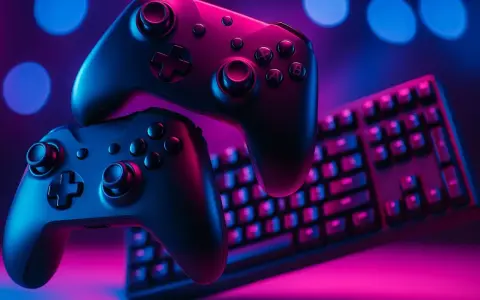 Dwa kontrolery Xbox i klawiatura w neonowym świetle, idealne do gier z dźwiękiem Dolby Atmos.