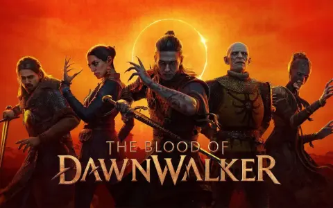 Pięcioro bohaterów, w tym wojownicy i istoty o mrocznym wyglądzie, stoi na tle krwistego nieba. Tytuł gry "The Blood of Dawnwalker" sugeruje epicką opowieść.