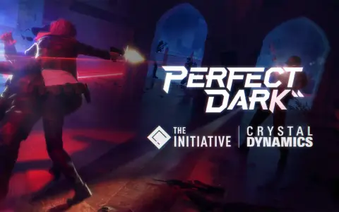 Akcja gry Perfect Dark: dwie postacie w dynamicznej strzelaninie, w tle logo gry i studia Crystal Dynamics.