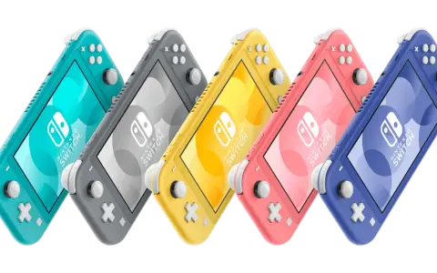Różne rodzaje Nintendo Switch Lite: turkusowy, szary, żółty, koralowy i niebieski.