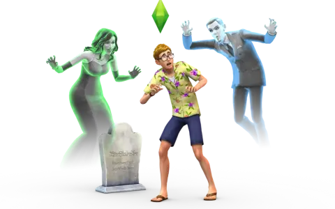 Przerażony Sim w hawajskiej koszuli próbuje dowiedzieć się, jak przywołać ducha w The Sims 4, podczas gdy dwa zjawy groźnie się do niego zbliżają.