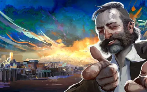 Harrier Du Bois z Disco Elysium, z kciukami w górę, na tle surrealistycznego, kolorowego nieba i miasta.
