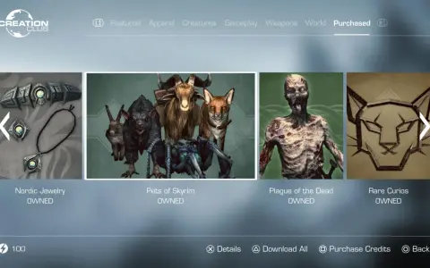 Menu Creation Club z opcjami zakupu dla Skyrim DLC: Nordic Jewelry, Pets of Skyrim, Plague of the Dead, Rare Curios.