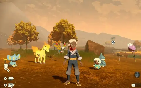 Postać z gry Pokemon Legends Arceus stoi na tle jesiennego krajobrazu z kilkoma Pokémonami: Shinx, Ponyta, Butterfree, Oshawott i Snorunt.